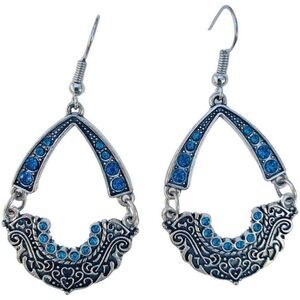 Icy Blue Rhinestone Silver Tone Dangle Earrings 2" Filagree Pierced Girlcore